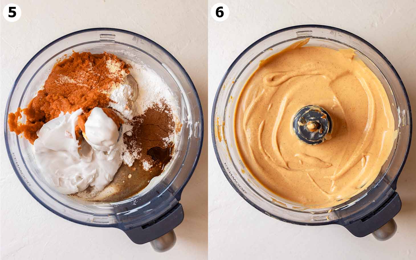 Two image collage of cheesecake filling ingredients in food processor, before and after mixing.
