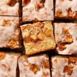 Close up on one slice of vegan apple fritter cake.