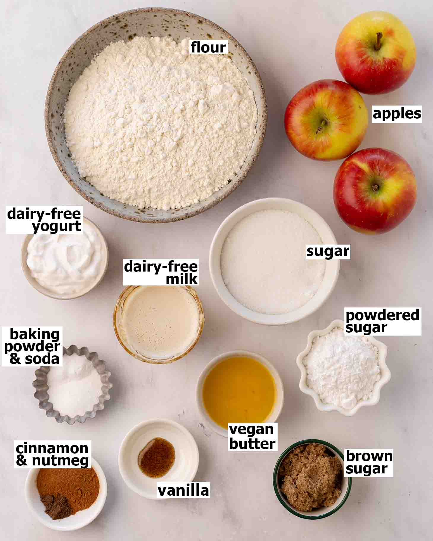 Flat-lay of ingredients for apple fritter cake.