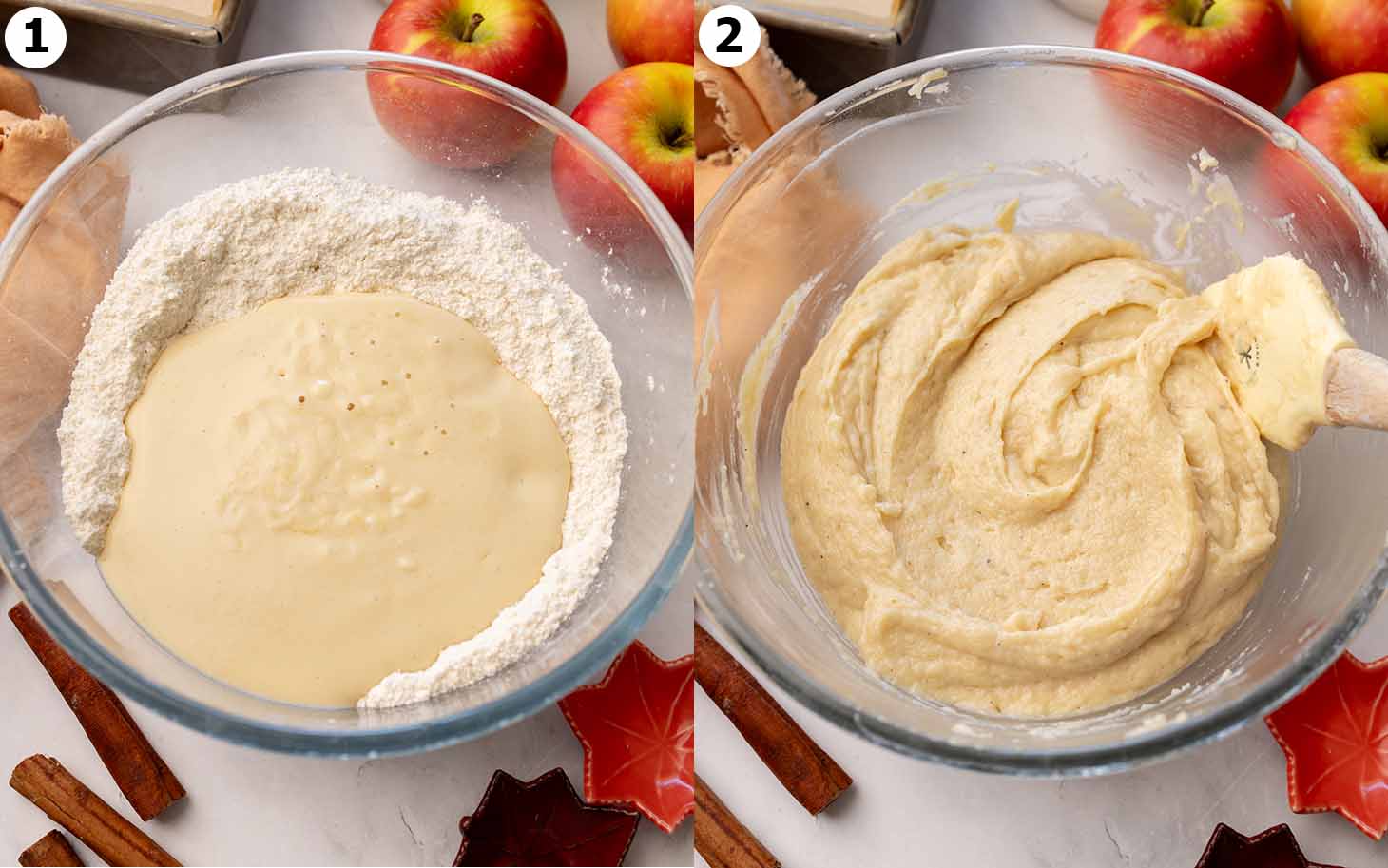 Two image collage showing wet and dry ingredients for cake in one bowl, and final mixed batter.