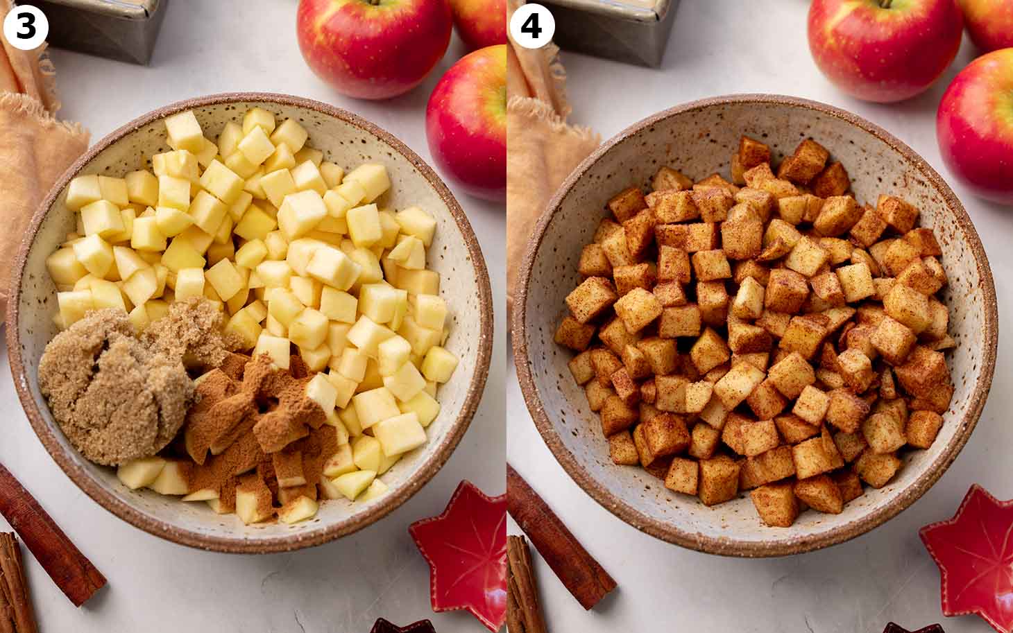 Two image collage of cinnamon apples, before and after ingredients have been mixed.
