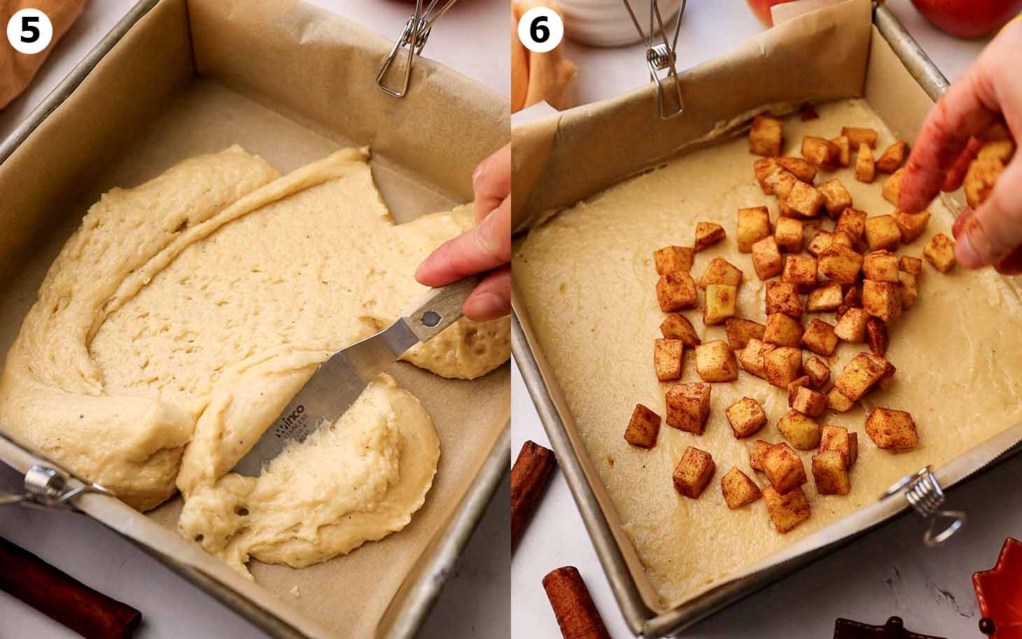 Two image collage of square cake pan, with first layer of cake batter and cinnamon apples sprinkled on top.