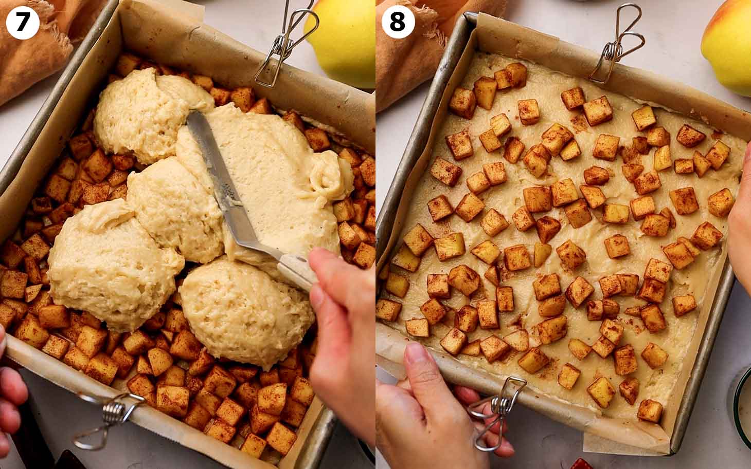Two image collage of square cake pan, with second layer of cake batter then with cinnamon apples sprinkled on top.